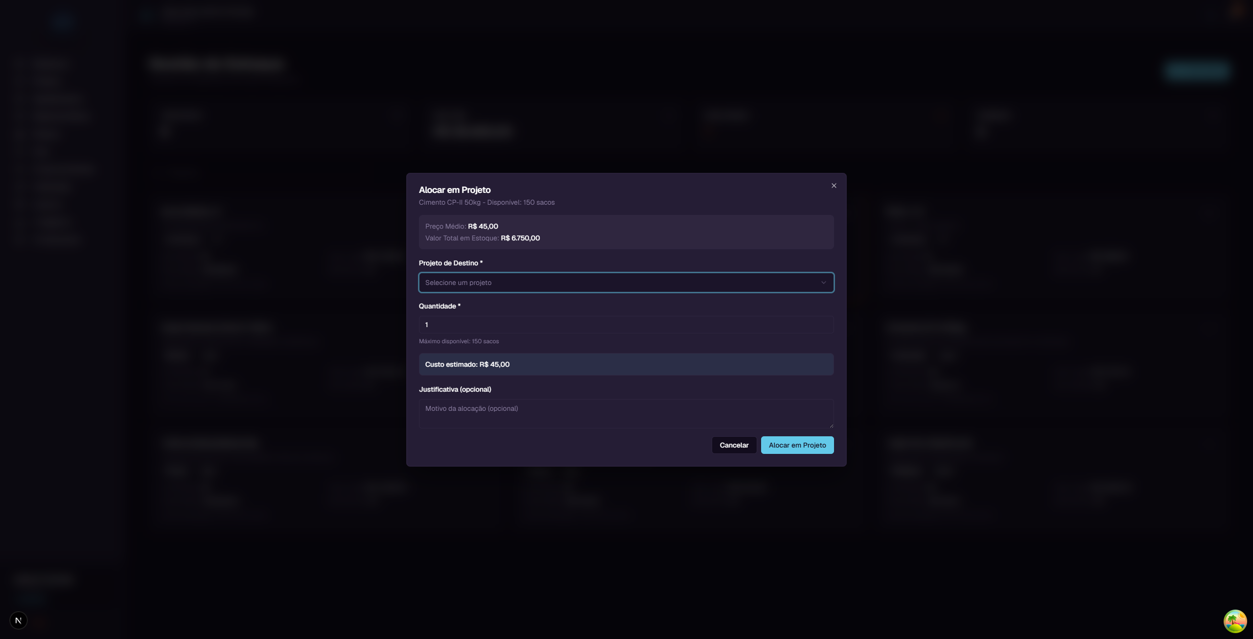 Allocate to project dialog